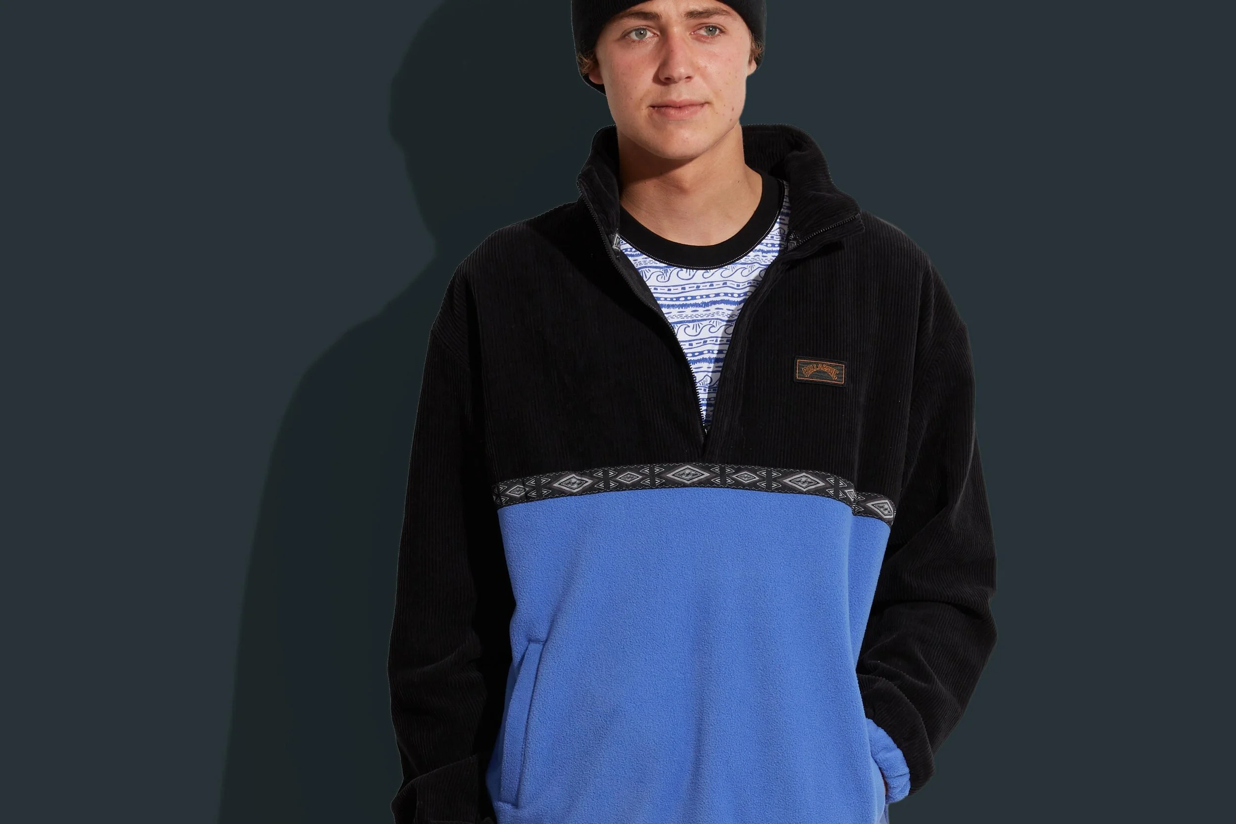 "Space Lobster" - Mock neck, corduroy &amp; polar fleece Jumper, with cut &amp; sew paneling, taping &amp; woven patch detailing