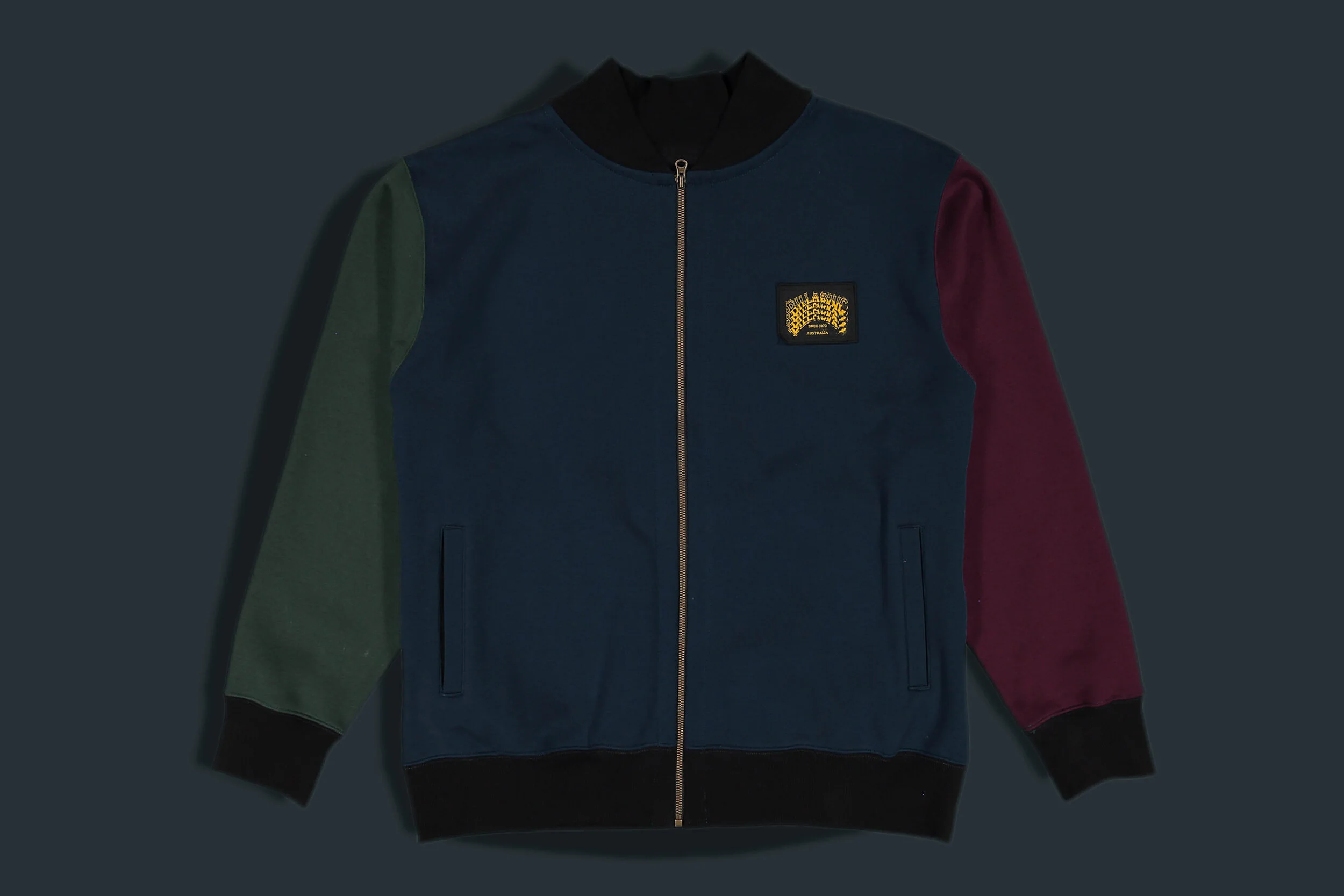 "Split Personality" - Bomber Jacket, jersey bonded polar fleece with colour blocked cut &amp; sew paneling &amp; woven patch detail