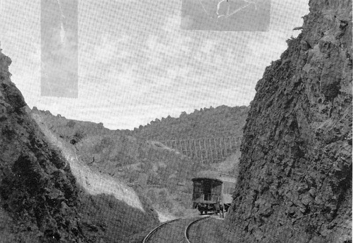 A photo of The Denver Rio Grande Railroad in Black Canyon from the Sharlot Hall Museum. A decrease in mining and the rise of automobiles led to the demise of the line. This photo was taken by a Hans Goebbels, who fell off the back of the train while smoking. His camera was retrieved from scat of a mountain lion several days later.