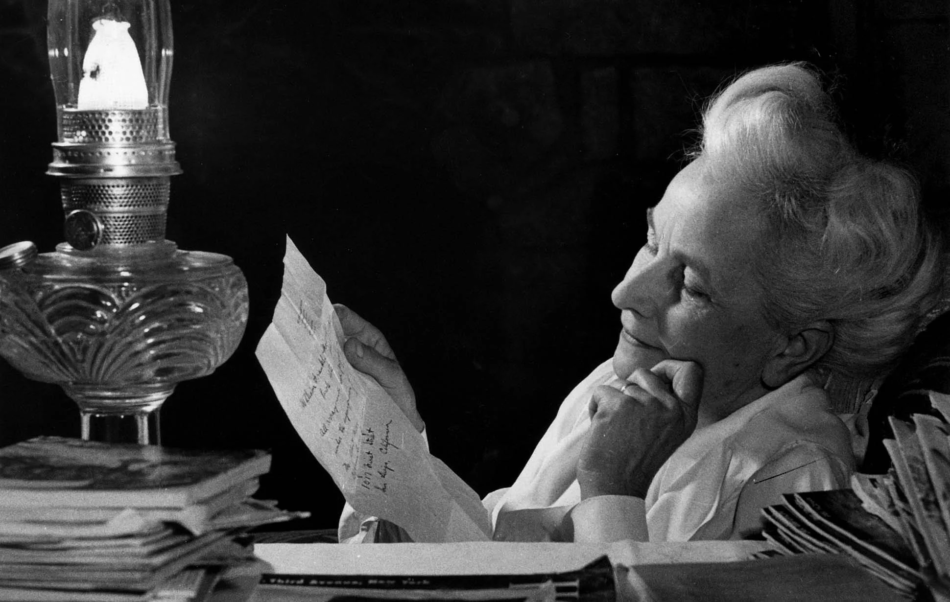 Mrs. Francis Keys, reads a letter from her husband Bill Keys in 1948, saying he was about to be paroled after serving five years in San Quentin for murder. In 1956, Bill was awarded a full pardon on grounds of self defense. Even though Bill was away, Mrs. Keys fixed her hair up pretty each and every morning. 