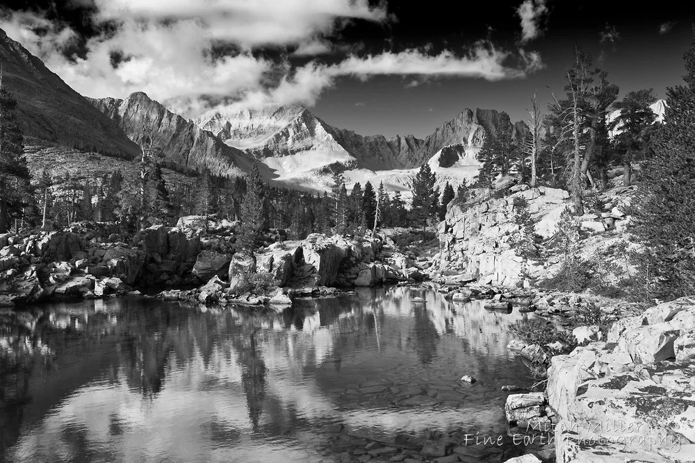 Mount Kaweah beneath cloud, and Second Kaweah in cloud shadow, beyond Kaweah Creek. The Bearded Man slept here and bathed here. He also left behind a present here.