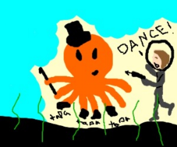 An artist's rendering of the only known sighting of a dancing octopus. Seen here being threatened by Jacques Cousteau to "dance or else."