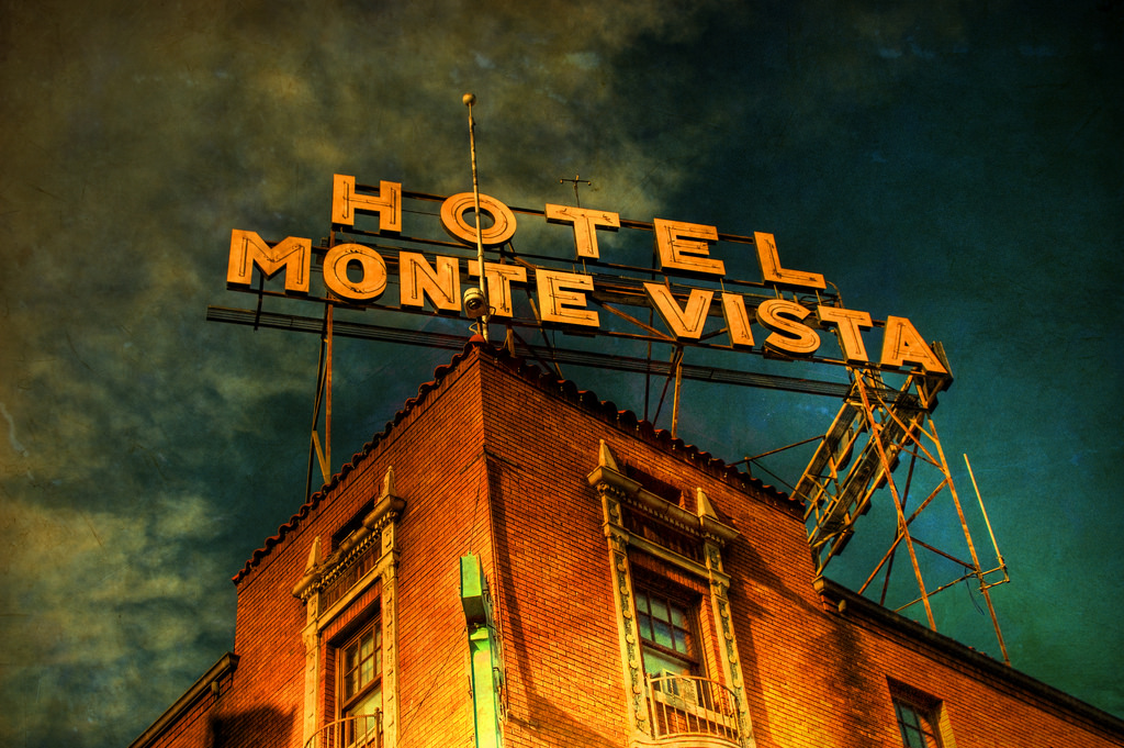 Hotel Monte Vista in Flagstaff, Arizona. If you are looking for a place to stay up all night, with one eye open, this is the place. The twin little girls walking down my hall at 3 AM will forever haunt my dreams. Pretty sure they were mumbling redrum...redrum. 