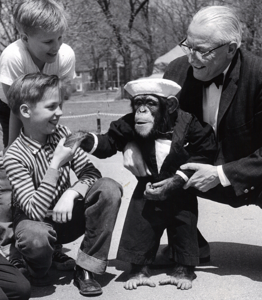Jo Mendi the Wonder Chimp, seen here with two of my older brothers. The man on the right is Jo's agent Felix Dexstein. Every time Felix gently squeezed his belly, Jo passed gas. Much to the delight of my brothers and more than likely the dismay of Jo Mendi the Wonder Chimp.