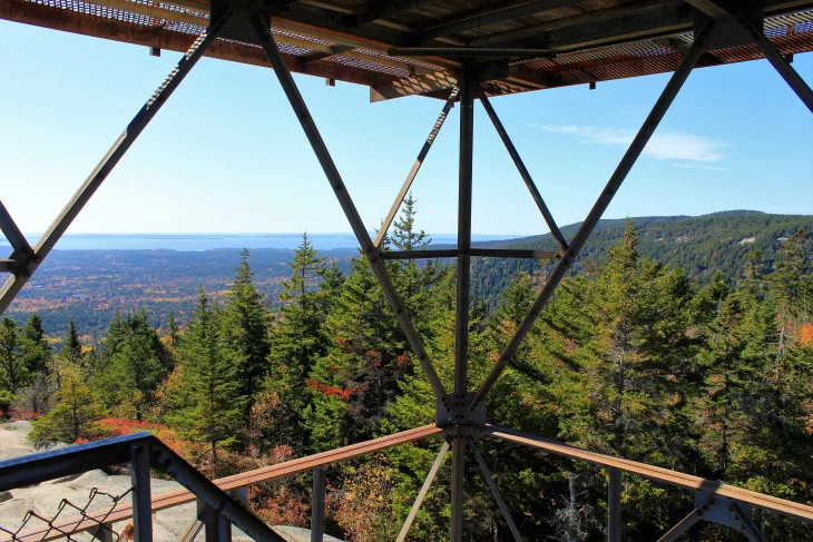 VIEW OF LONG POND FROM THE FIRE TOWER ATOP BEECH MOUNTAIN. IF LOOSE METAL STEPS THAT YOU CAN SEE THROUGH ARE AN ISSUE, AVOID CLIMBING THE TOWER.