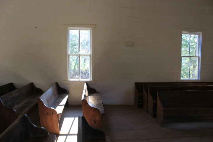 PRIMITIVE BAPTIST CHURCH, ESTABLISHED 1827, REBUILT IN 1887. THE CHURCH WAS CLOSED DURING THE CIVIL WAR, “ON ACCOUNT OF THOSE NO GOOD REBELS.”
