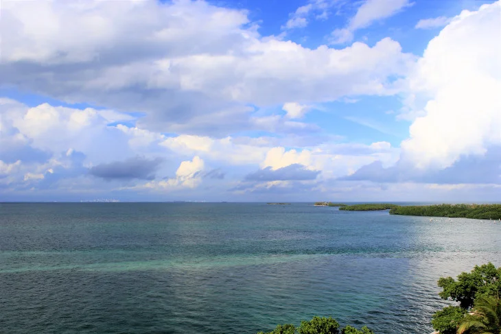 Looking northwest from the lighthouse. A series of small islands and Miami, 16.5 miles away on the distant horizon.