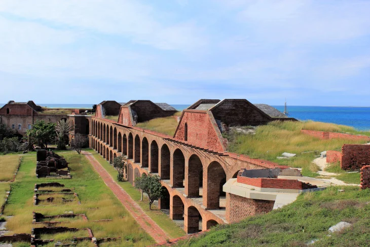 LOOKING DOWN INTO THE YARD OF FORT JEFFERSON. THIS ROOM HAD A COURTYARD VIEW AND COST LESS THAN ROOMS ON THE OTHER SIDE. NEITHER INCLUDED BREAKFAST.