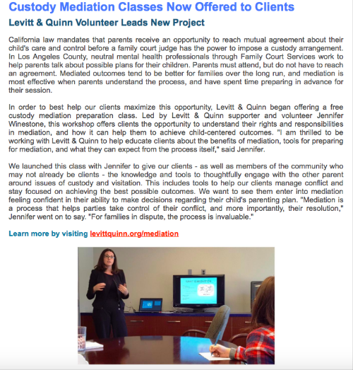 Jennifer Winestone Leads New Custody Mediation Preparation Project for Parents at Levitt & Quinn Family Law Center - Excerpt from Levitt & Quinn Spring 2016 Newsletter