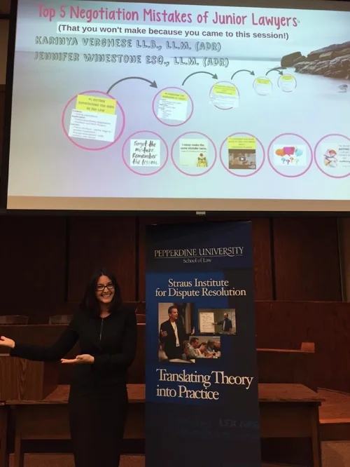 Jennifer Winestone and Karinya Verghese give presentation at Pepperdine University School of Law on the "Top 5 Negotiation Mistakes of Junior Lawyers" - March, 22, 2016, Translating Theory into Practice Series