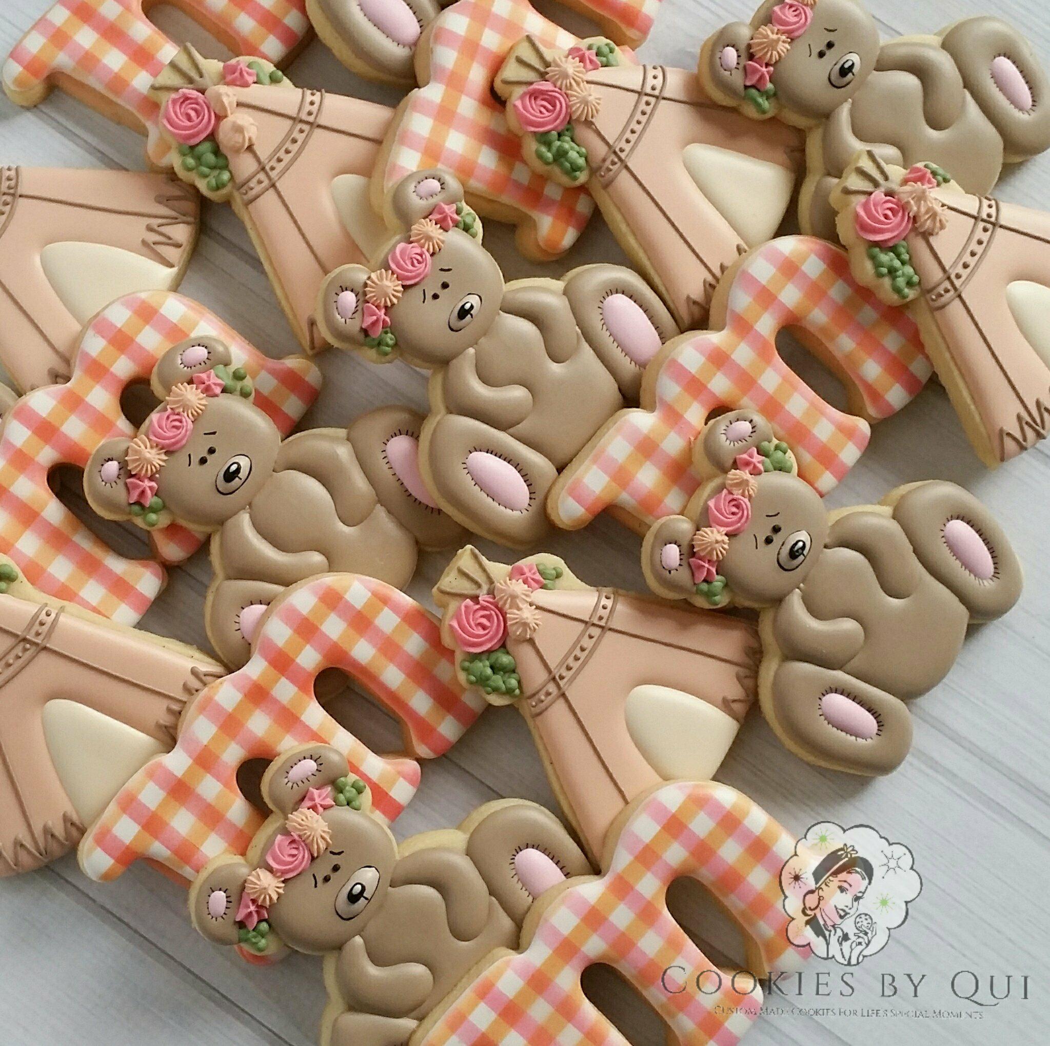 Floral Boho Teddy Bear Picnic Birthday Cookies