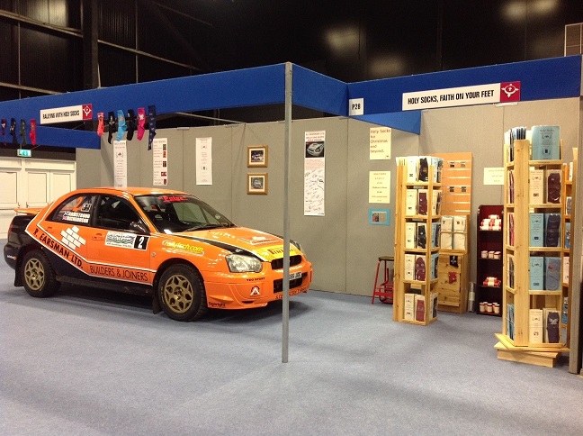 The rally car starred on the Holy Socks stand. 