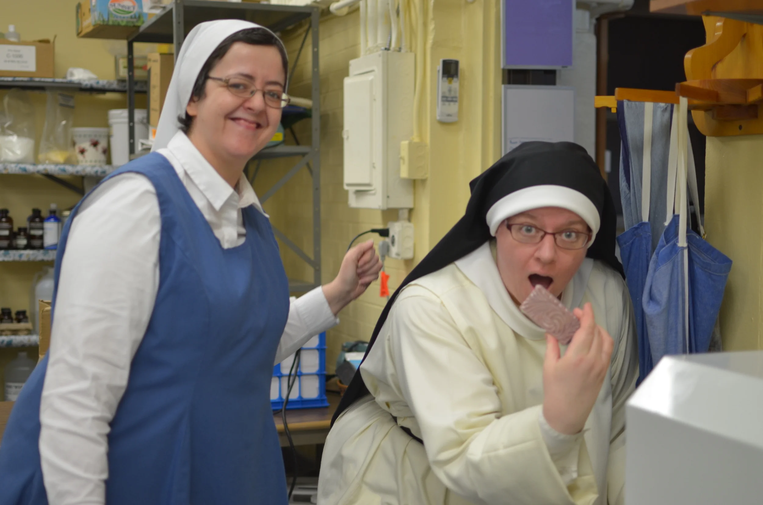 With the help of Sr. Aisling Sr. Judith Miryam becomes "friends" with "Gertie" the Shrink Tunnel!