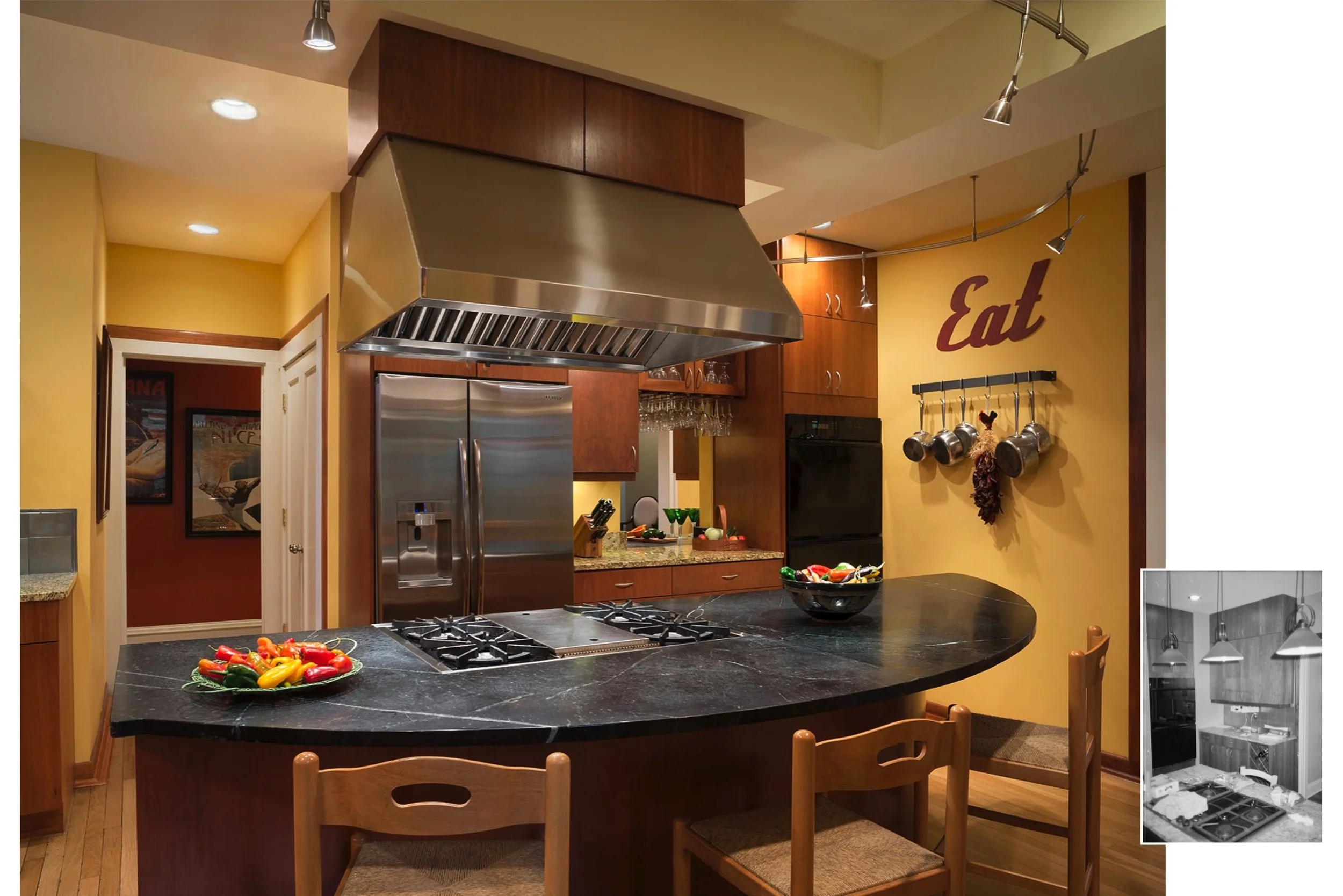 Before & After:  An opening between the kitchen and bar beyond serves as a means of opening up the center of the house to create a visual connection between the kitchen, bar, and living room.