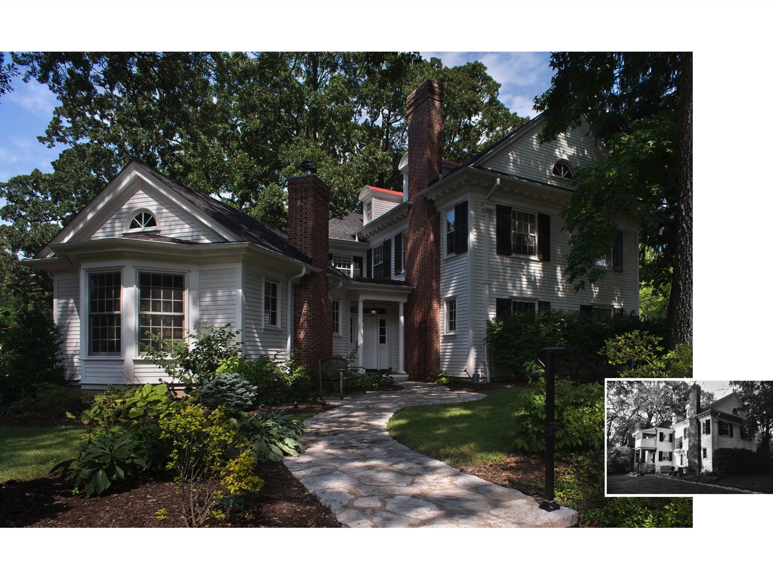Before & After:  The great room addition on the left is a scaled down version of the original house, the design taking its cue from replicating certain aspects of the original home.  There’s no mistaking that the great room addition h