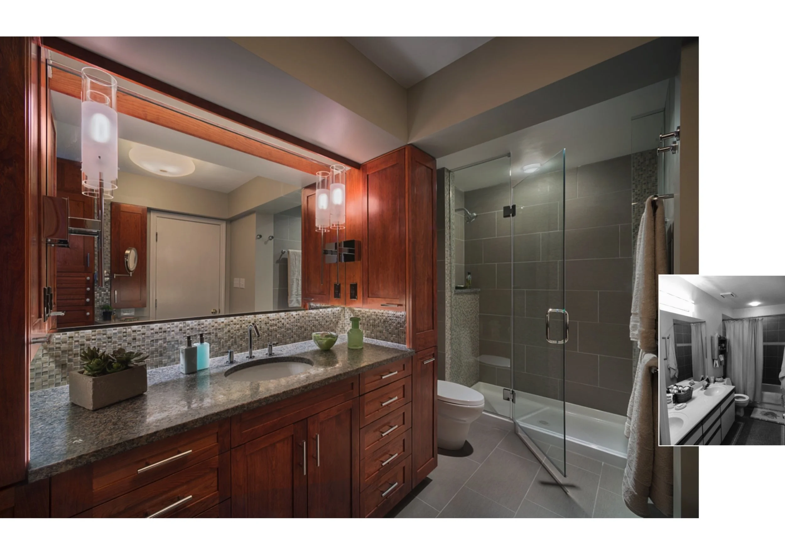   Before &amp; After:&nbsp; Before renovation, there was no separation between vanity, toilet and shower spaces.&nbsp; New vanity space in the foreground with separate toilet/shower space in the background. 