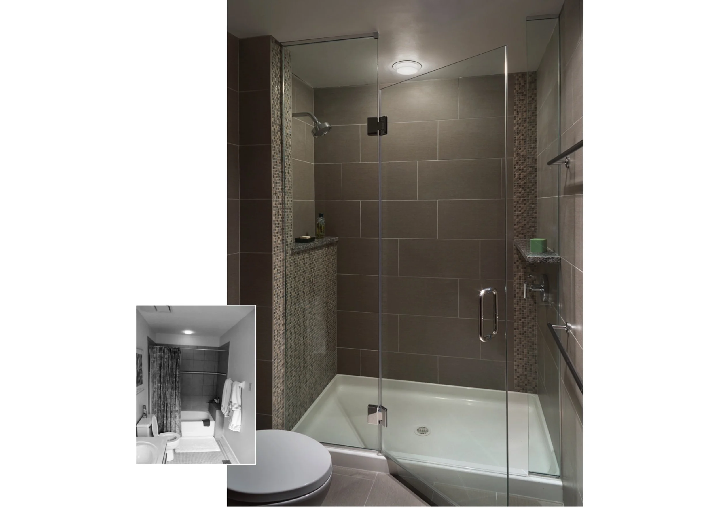  Before &amp; After:  Floor-to-ceiling porcelain &amp; glass tile help define the toilet/shower area as being separate from the vanity area.&nbsp; Shelving at both ends of the shower provide a place for shampoo, soap and other showering accessories.