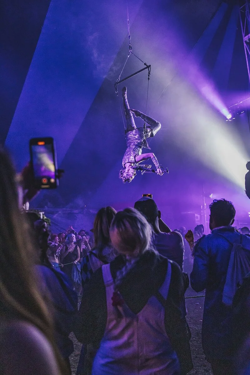 Aerial violinist upside down suspended above the ground