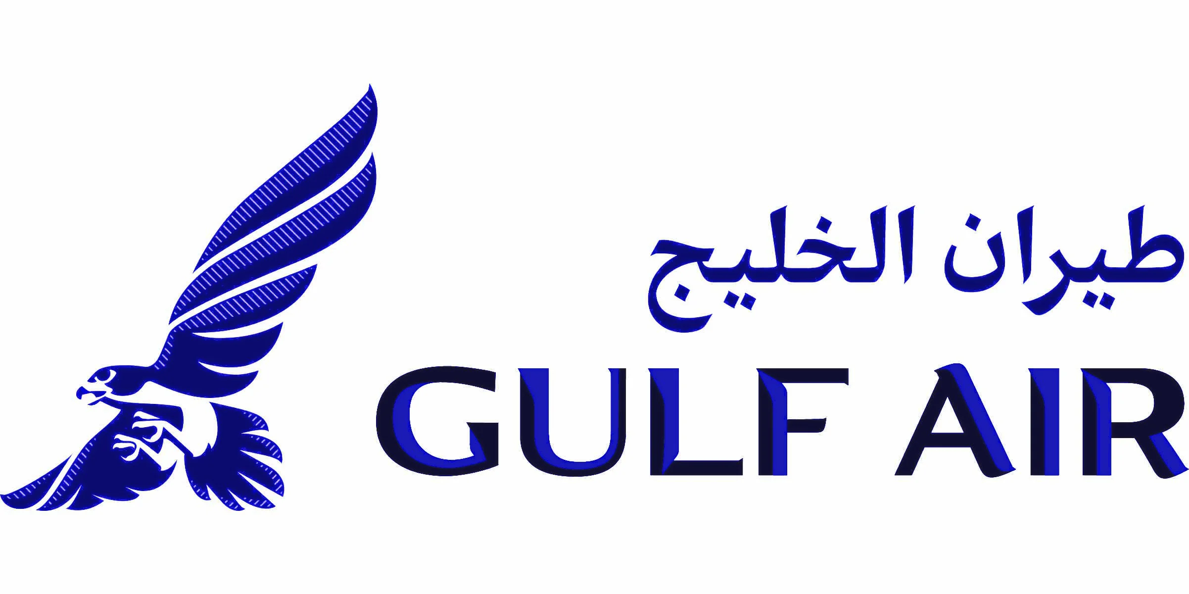 Logo with an illustration of a blue falcon on the left, and Arabic text with the words 'Gulf Air' in English below it on the right.