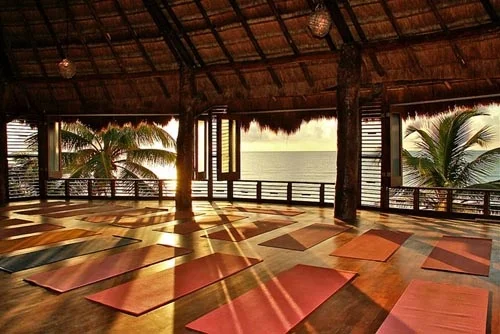 Open-air yoga or meditation space with yoga mats on wooden floor, overlooking a tropical beach with palm trees and ocean at sunset.