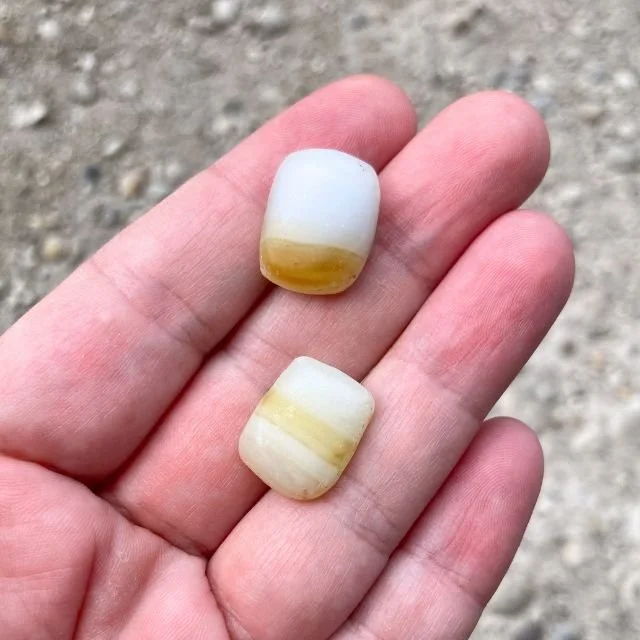 photo of a pin made of recycled old-school retro mosaic glass. Sustainable jewelry with a story