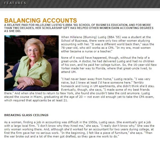 "Balancing Accounts"- A donor impact article for the University of Miami School of Business magazine