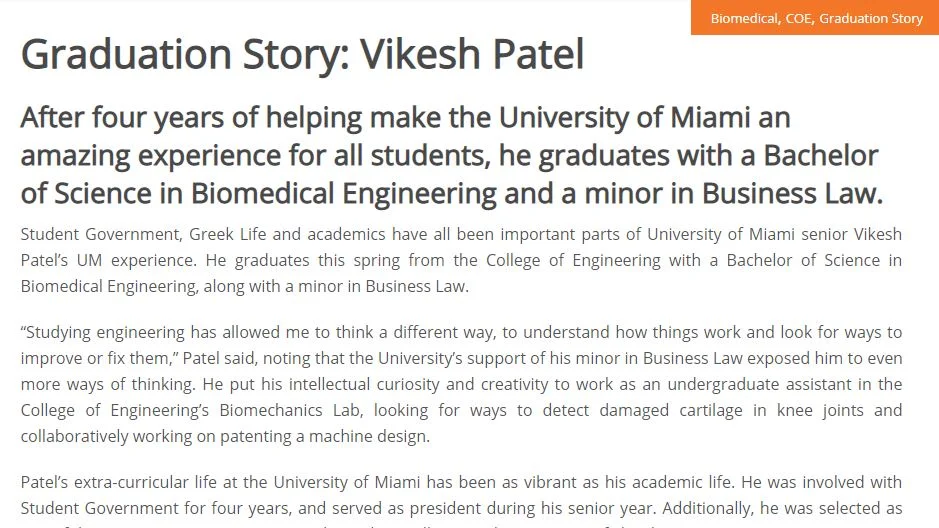 "Graduation Story: Vikesh Patel" - Alumnus Profile for the University of Miami College of Engineering