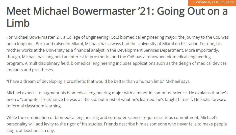 "Meet Michael Bowermaster ’21"- Student Profile for the University of Miami College of Engineering