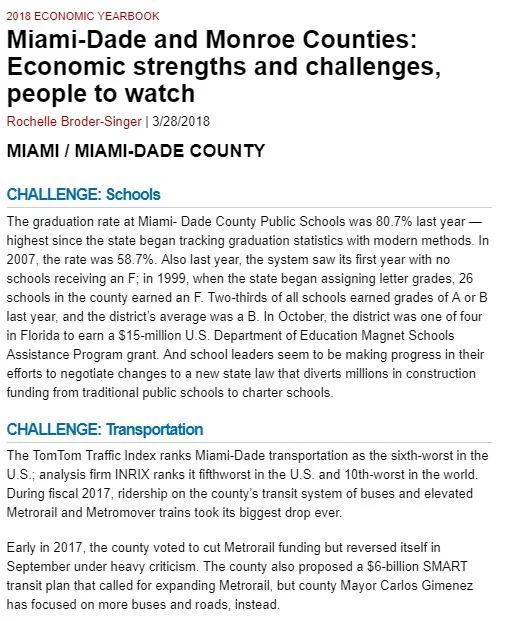 "Miami-Dade and Monroe Counties: Economic Strengths and Challenges, People To Watch"- An Economic Article for Florida Trend