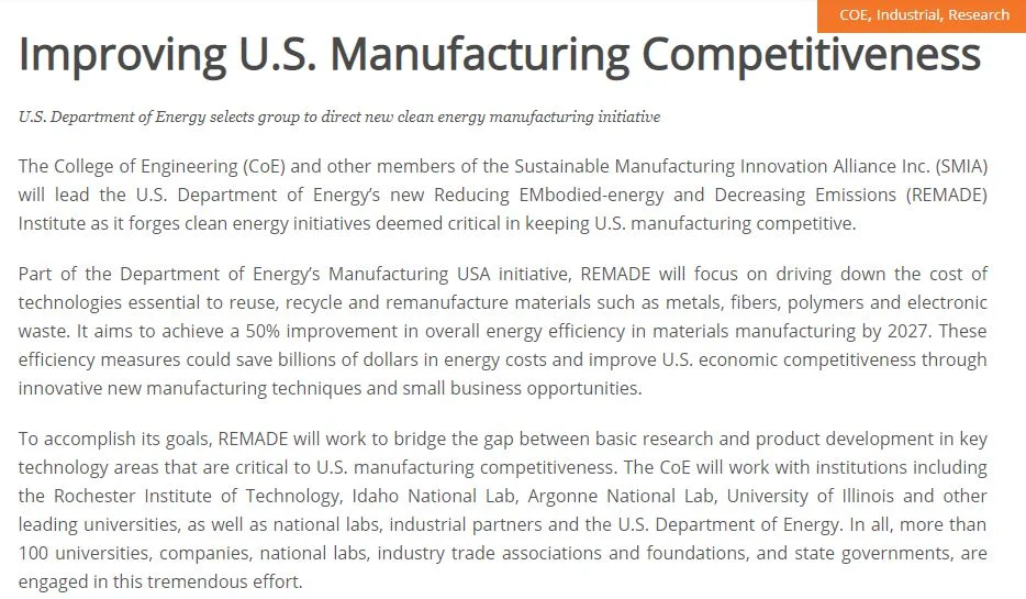 "Improving U.S. Manufacturing Competitiveness" - An Article on Manufacturing for the University of Miami College of Engineering