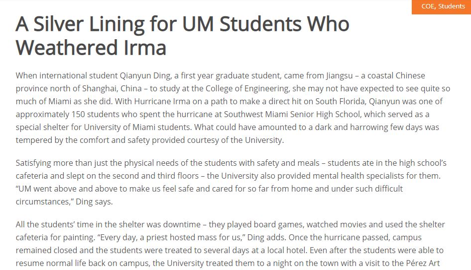 "A Silver Lining for UM Students Who Weathered Irma"- A Profile for the University of Miami College of Engineering