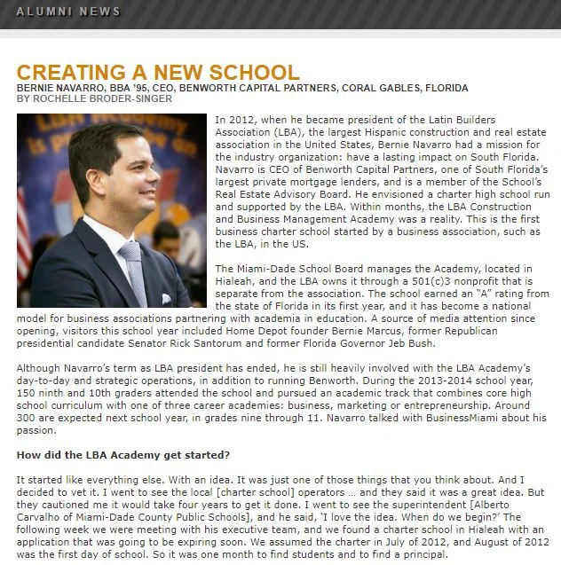 "Creating a New School"- An Alumni Article for University of Miami School of Business magazine