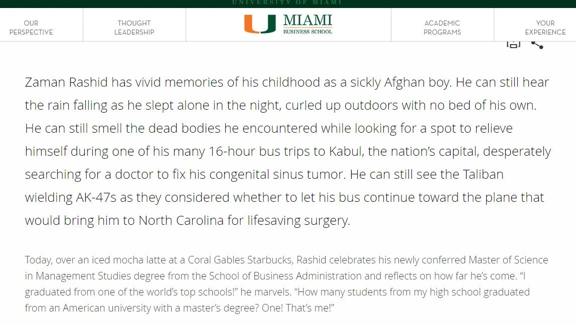 "From the Mountains of Afghanistan to Miami and Beyond"- A Student Profile for the University of Miami Business School