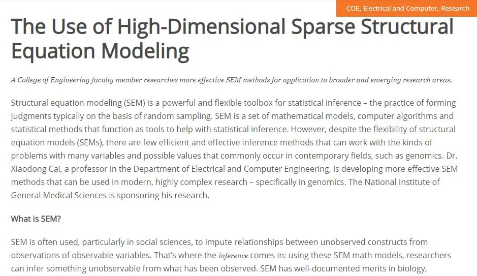 "The Use of High-Dimensional Sparse Structural Equation Modeling"- An engineering article for the University of Miami College of Engineering