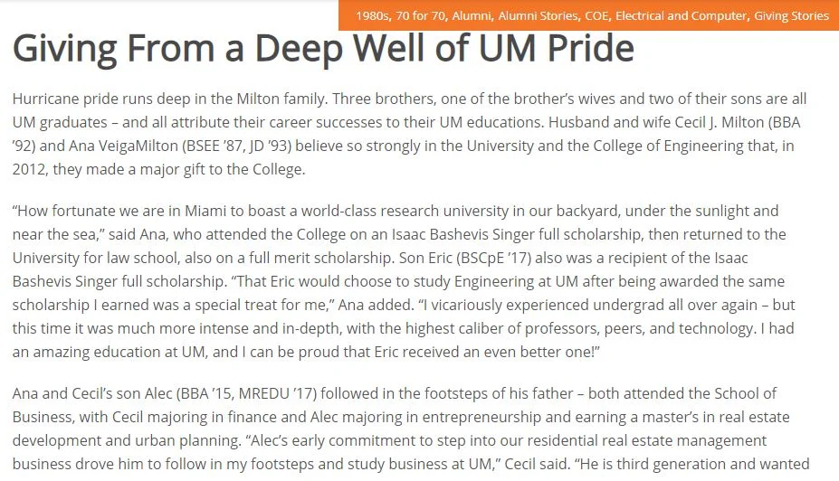 "Giving From a Deep Well of UM Pride" – A donor impact article for the University of Miami College of Engineering