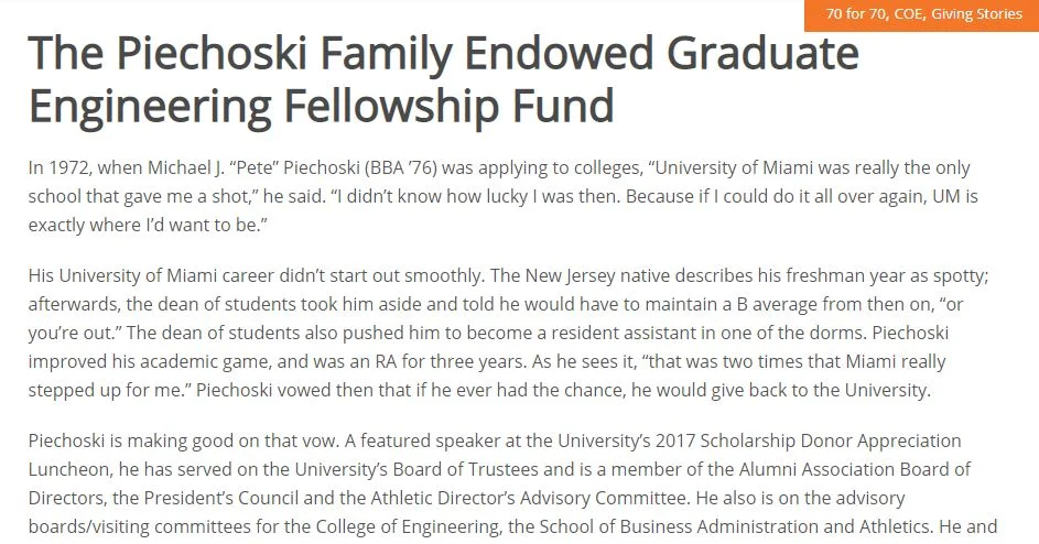 "The Piechoski Family Endowed Graduate Engineering Fellowship Fund" - An donor impact article for the University of Miami College of Engineering