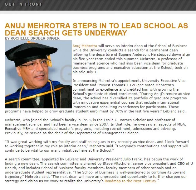 "Anuj Mehrotra Steps In To Lead School As Dean Search Gets Underway"-A Faculty Profile for the University of Miami School of Business magazine