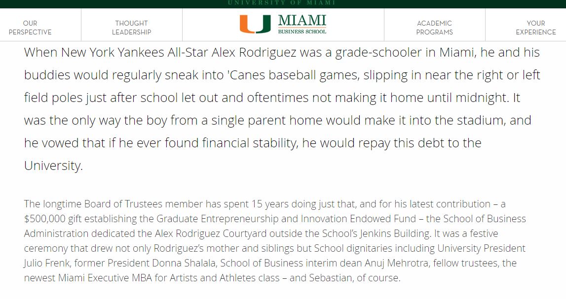 "Alex Rodriguez Courtyard Dedicated, Honoring All-Star’s $500,000 Donation" - A Business Article for the University of Miami School of Business magazine