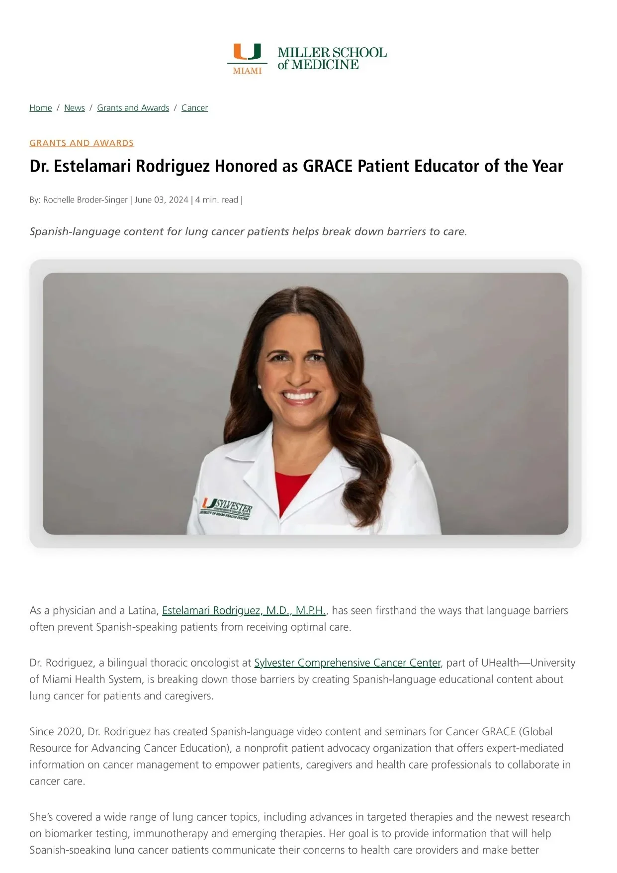 Dr. Estelamari Rodriguez Honored as GRACE Patient Educator of the Year - InventUM
