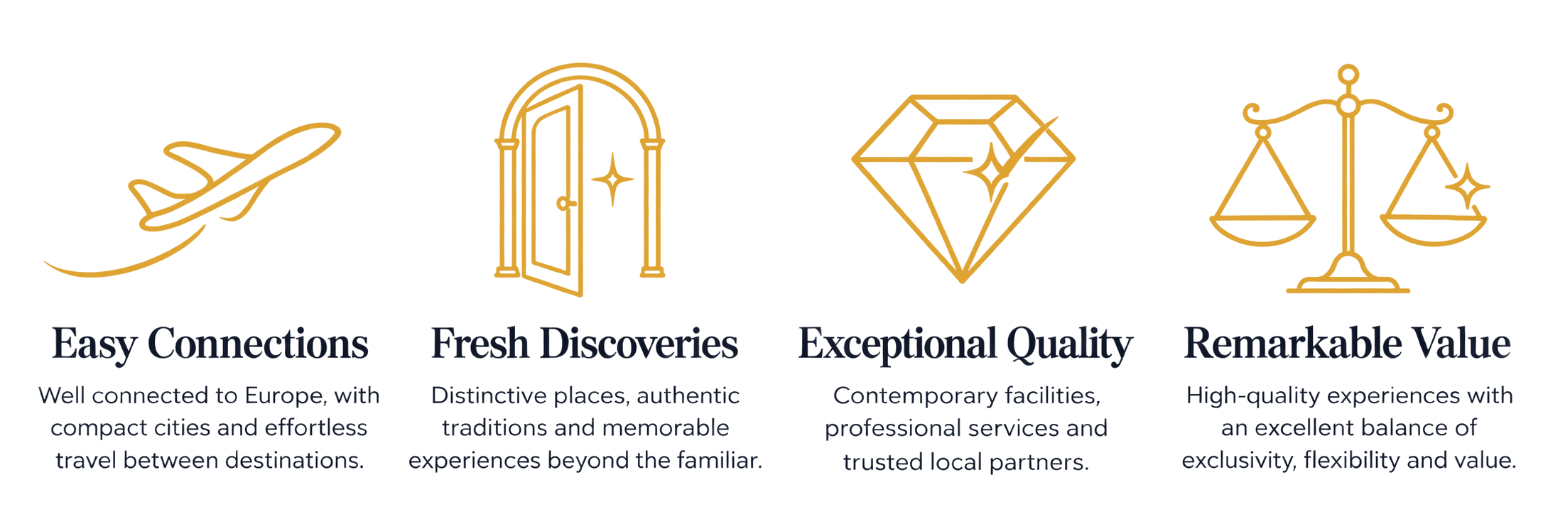 Four gold icons with descriptive texts below each, stating 'Easy connections', 'Fresh discoveries',  'Exceptional quality  and 'Remarkable value'.