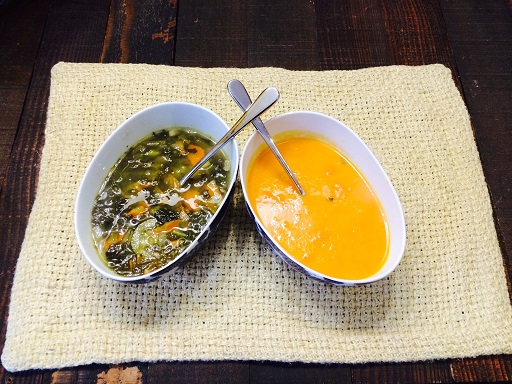 The two soup options, Veggie (carrots, green beans, kale, celery, garlic) and Carrot Ginger. I prefer the one on the right!!
