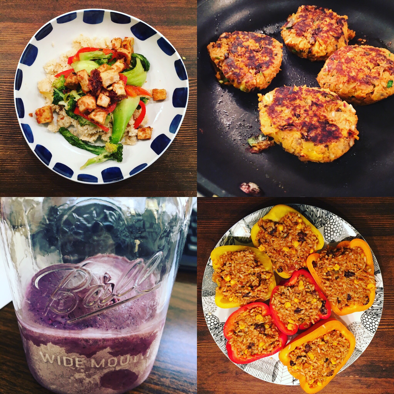 From left to right clock wise from the top : Crispy Peanut Tofu Cauliflower Rice Stir Fry , Sweet Potato Black Bean Burger , Spanish Quinoa Stuffed Peppers & Deep Blue Sea Smoothie 