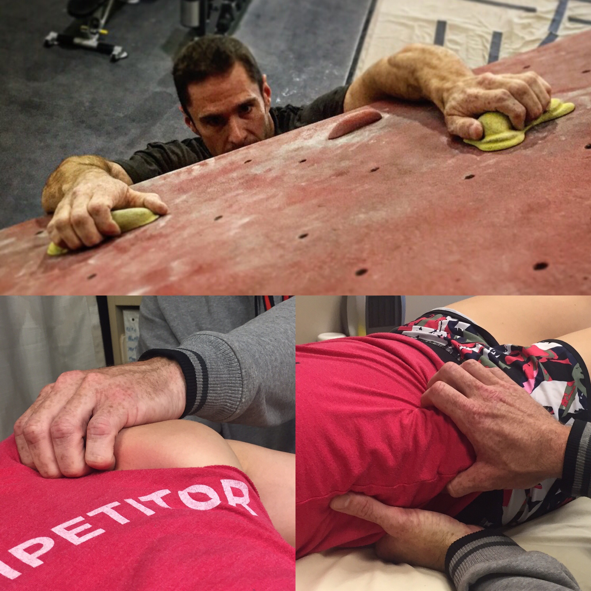 Here's my attempt to show how bouldering and bodywork can be similiar.....in my mind at least. The top photo is me at The Circuit climbing gym. The bottom left photo is me manipulating a shoulder blade and the bottom right photo is me evaluating range of motion of the ilium and sacrum. (thank you Larry, Colleen and Sasha)