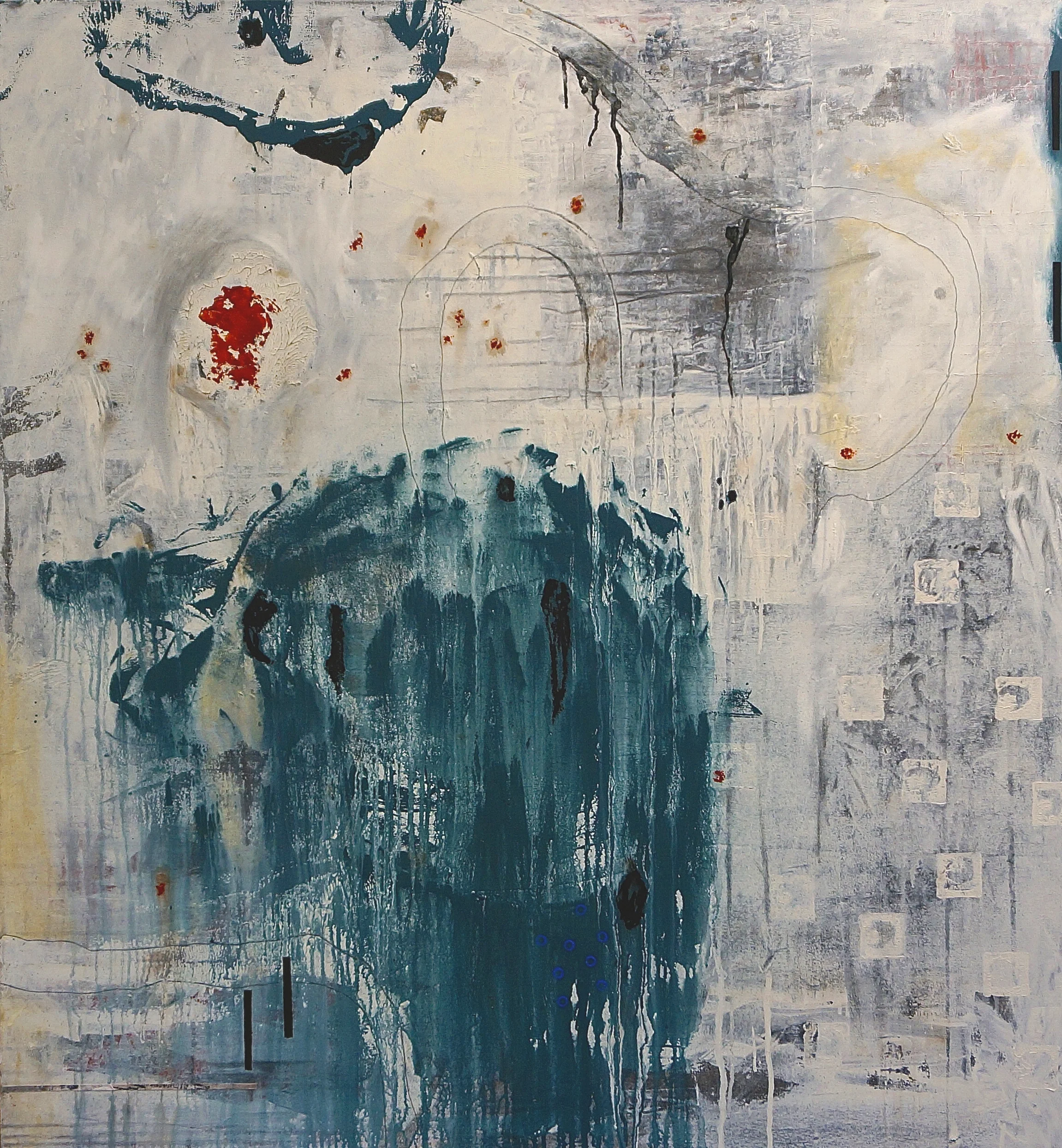 In Time: Threats & Promises - acrylic & mixed media on canvas, 51 x 47 inches