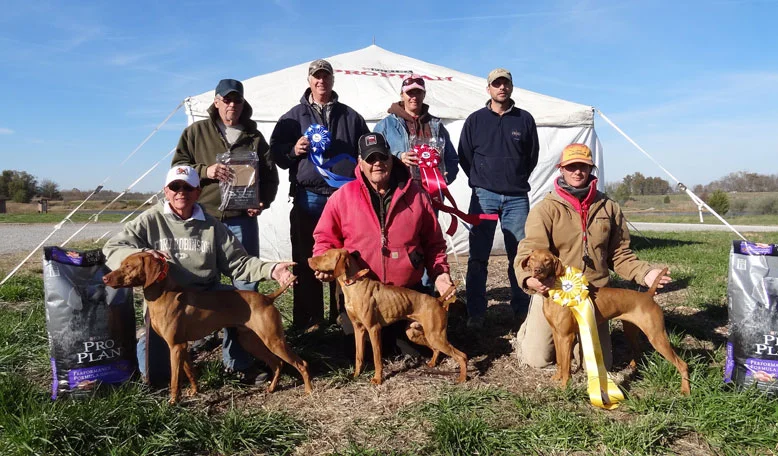 National Quail Derby Classic Left to right: Tom Pescod, Mark Johnson (judge), Lori Rezzardi (judge), Robert Tomczak Cindy Pescod with winner Millstar's The Boss of the Plains, Jerry Jordan with Northern Sherman Tank, Laura Miller with Millstar Templeton Rye