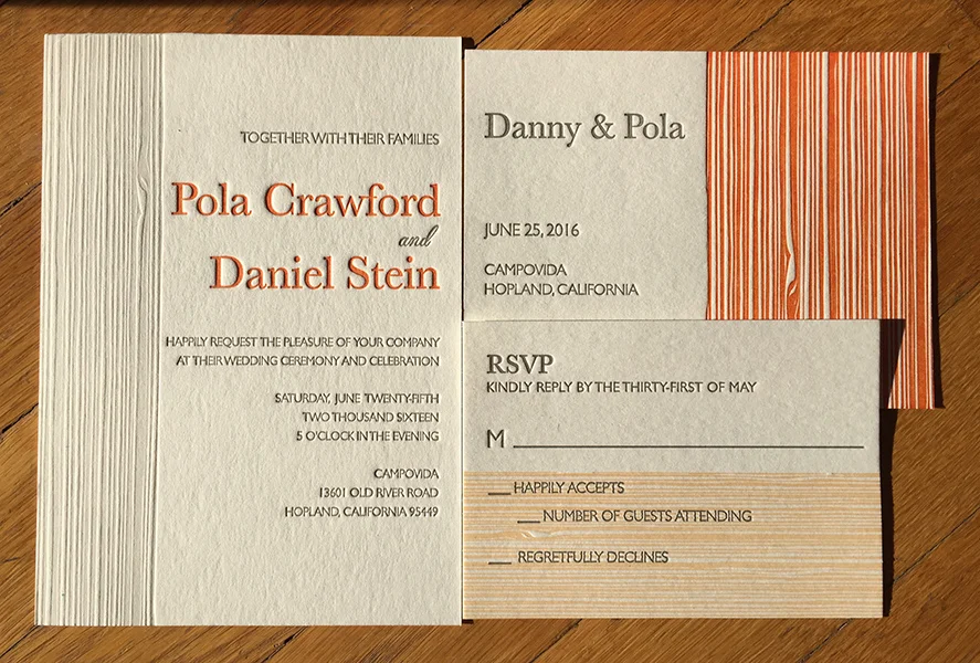 Letterpress wedding invites - woodgrain