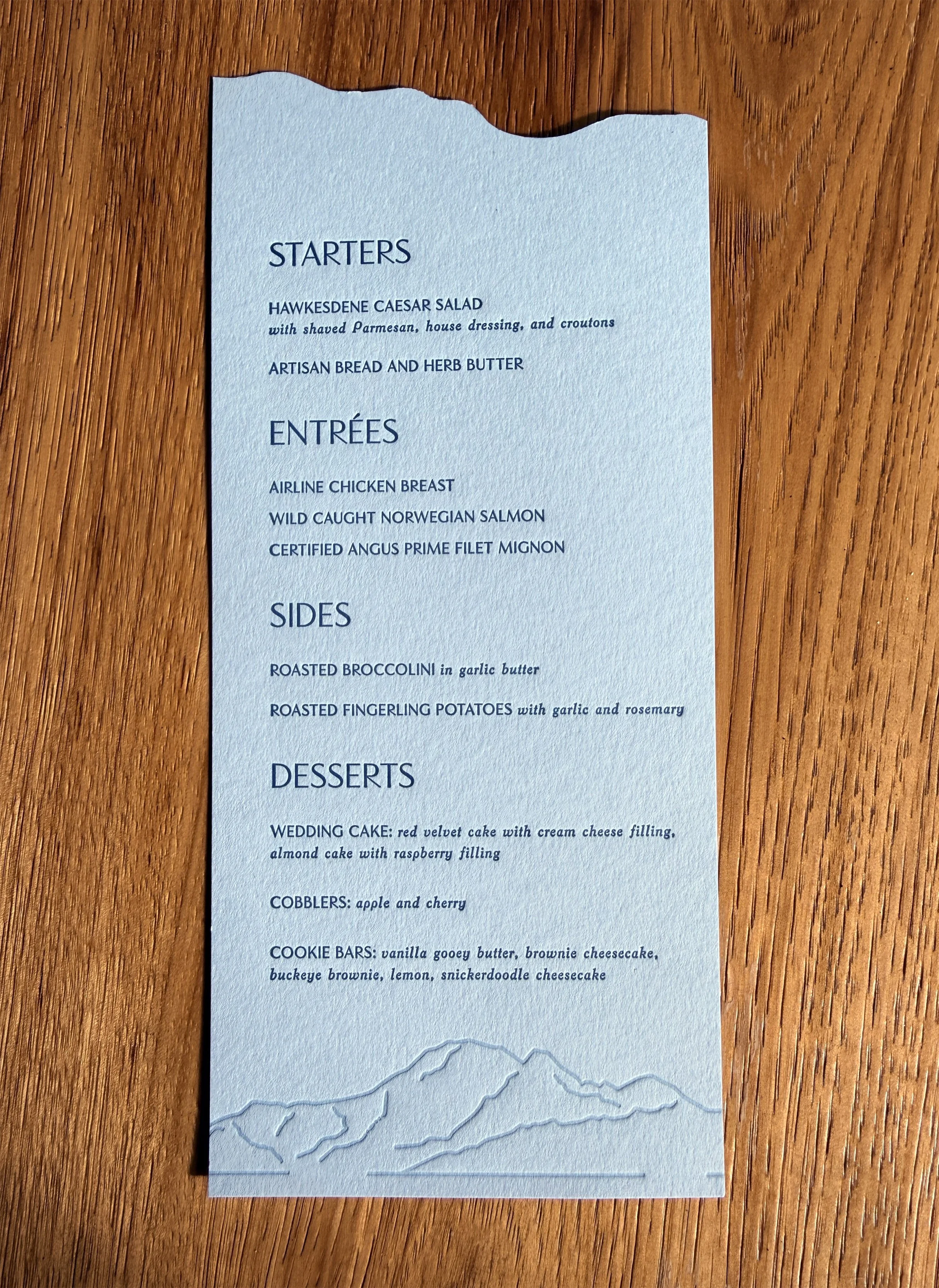 Kelsey menus w/ die-cut top