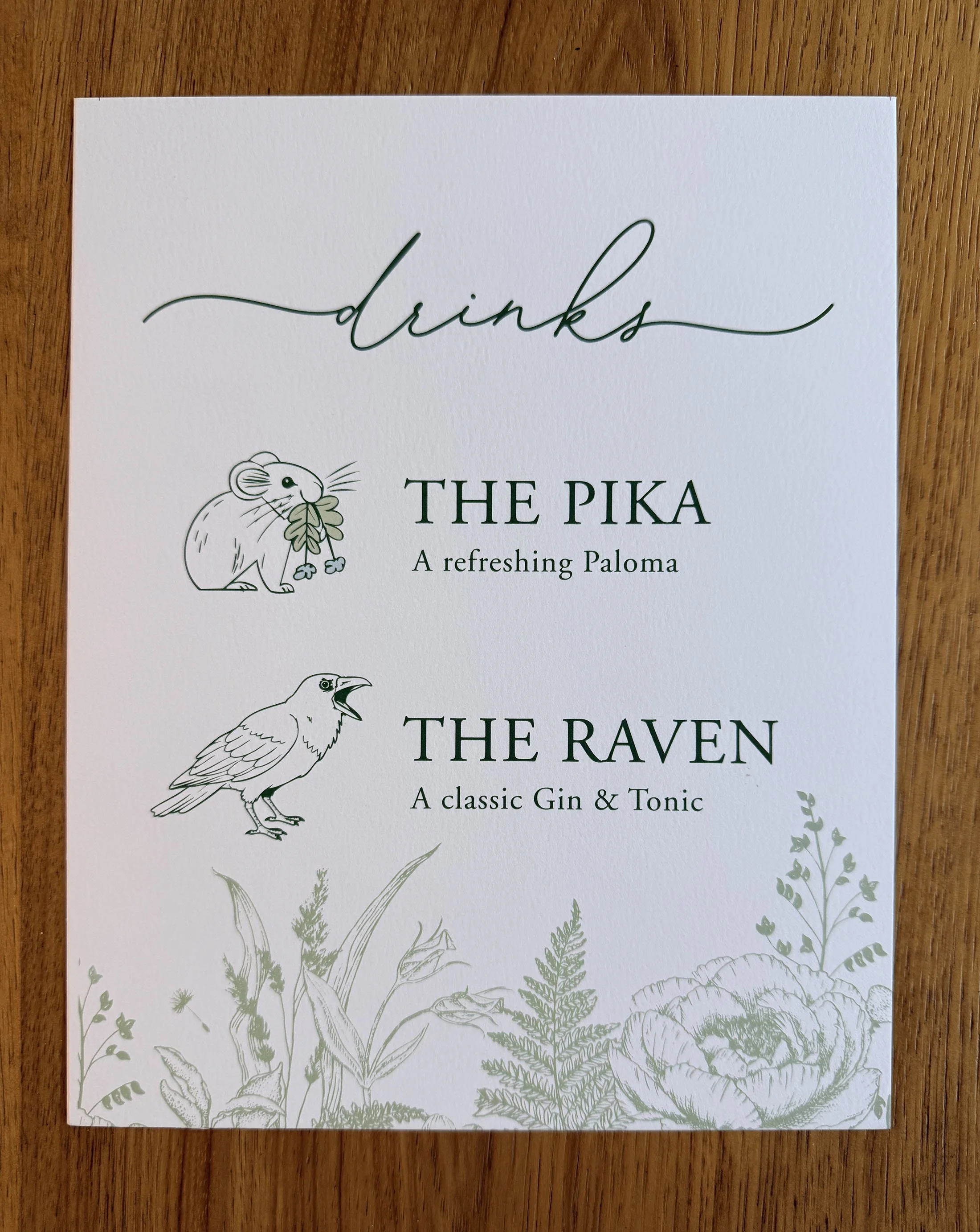 Wildflower signature cocktails:  digitally printed