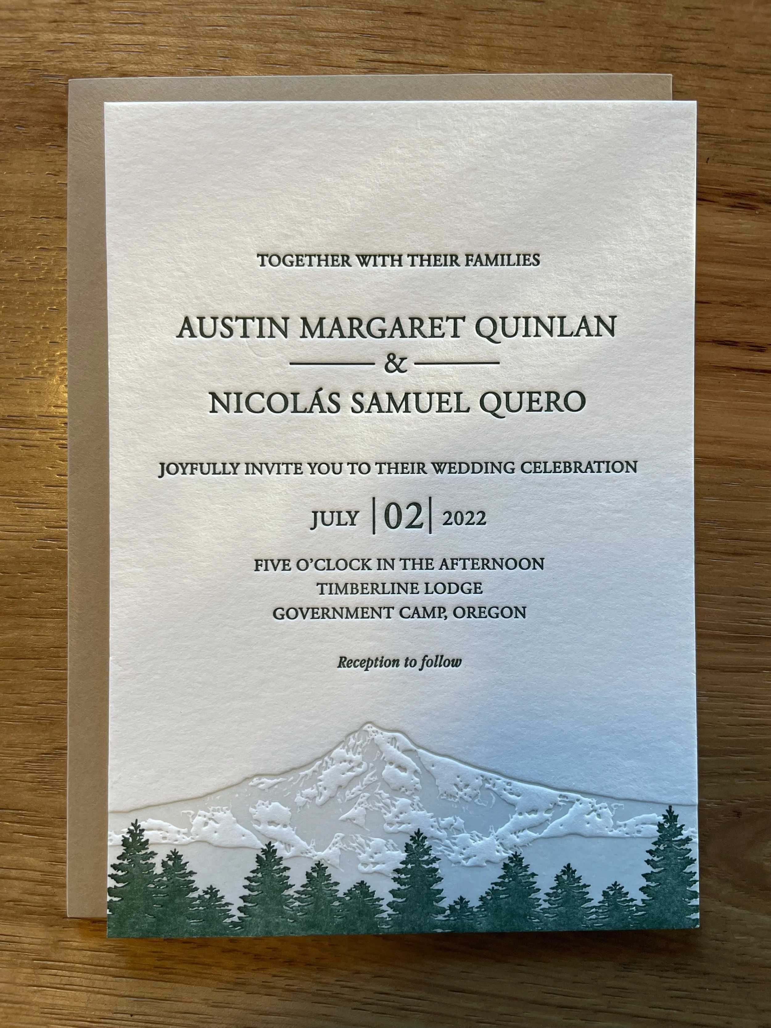Mountains and PNW forest theme wedding invites. This image shows Mt Hood and a tree line.