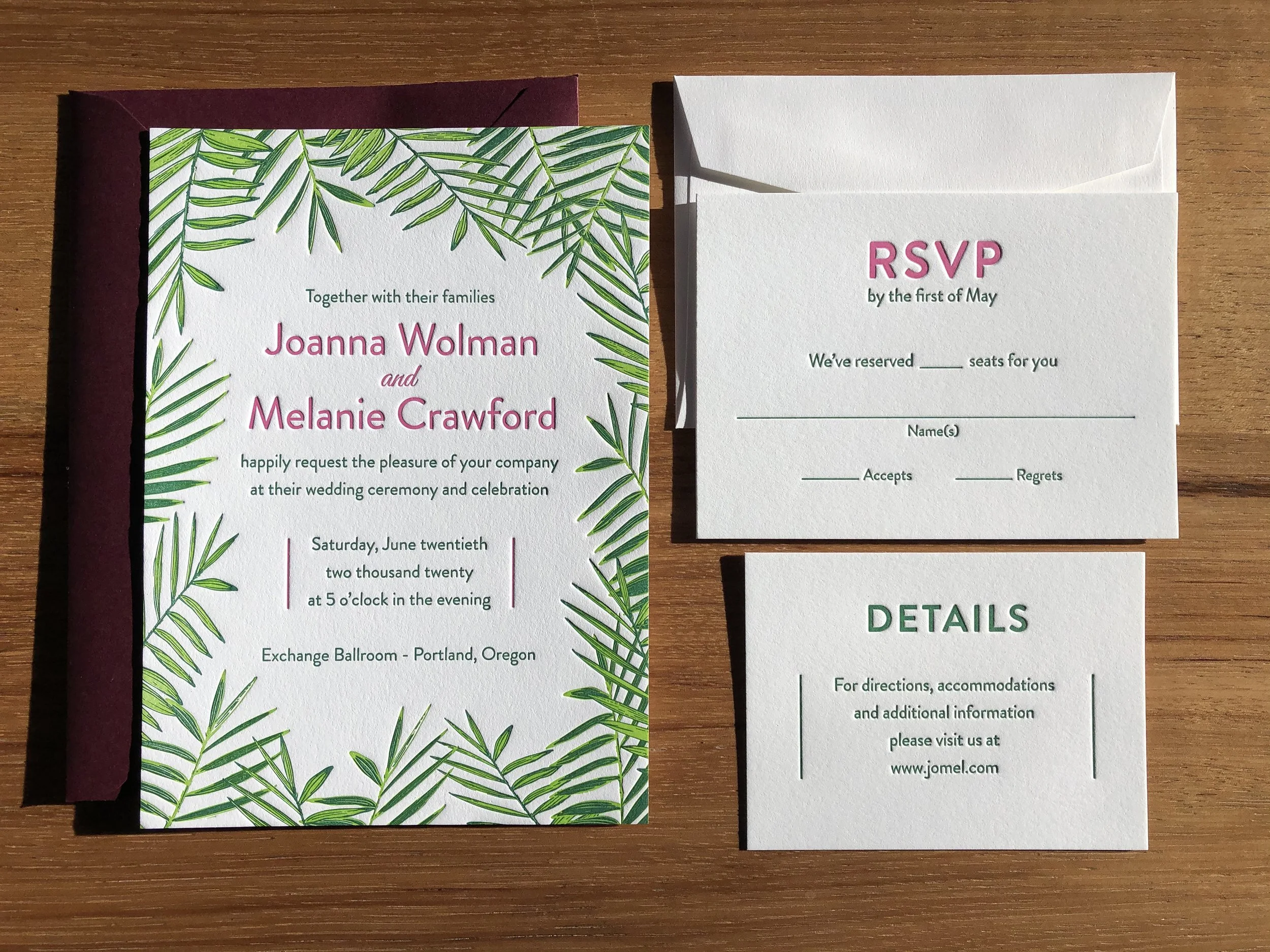 Tropical and leafy letterpress wedding invites